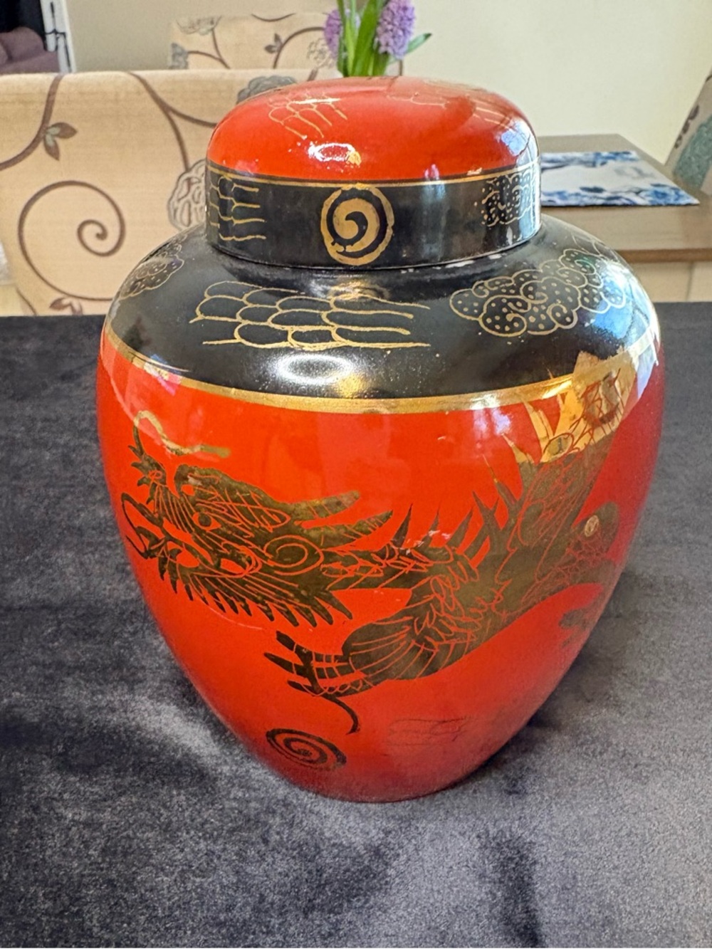 Vintage Japanese Red and Black Dragon Lidded Ginger Jar